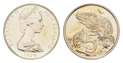 Новая Зеландия 5 центов 1979 Елизавета II (1952-2022), ящерица гаттерия, тираж 25.000 экземпляров KM 34 медно-никель BU 4651-213
