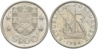 Португалия 5 эскудо 1984 парусник KM 591 медно-никель 4148-435