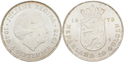 Нидерланды 10 гульденов 1973 25 лет правления королевы Юлианы KM 196 серебро 4368-715