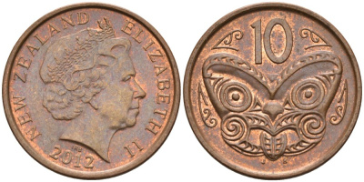 Новая Зеландия 10 центов 2012 маска Маори, Елизавета II (1952-) KM 117а сталь плакированная медью 54-1355