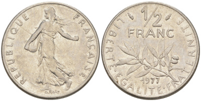Франция 1/2 франка 1977 сеятель KM 931.1, LE FRANC 198.16 никель 55-1134