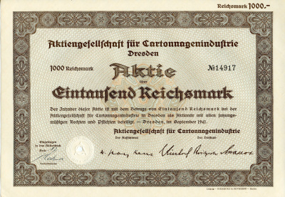 Германия 1000 рейхсмарок 1941 АО картонной промышленности, Дрезден, акция   бумага  8804-95-1