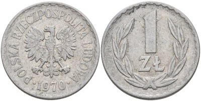 Польша 1 злотый 1970 MW KM 49.1, Parchimowicz 213g алюминий 117-1034