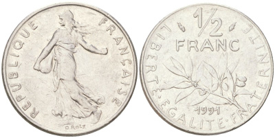 Франция 1/2 франка 1991 сеятель KM 931.1 никель 4613-856