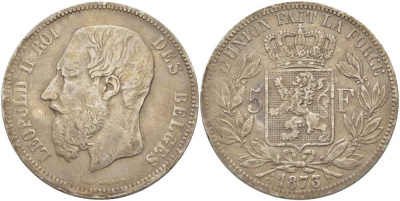 Бельгия 5 франков 1873 Леопольд II (1865-1909), позиция А KM 24 серебро 5010-934