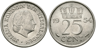 НИДЕРЛАНДЫ 25 ЦЕНТОВ 1954 ЮЛИАНА KM 183 никель 96-128