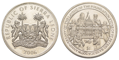 Сьерра-Леоне 1 доллар 2006 500 лет началу строительства Собора Святого Петра KM 403 медно-никель BU 00-1067-2-24