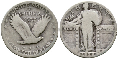 США 25 ЦЕНТОВ = КВОТЕР 1928 ШАГАЮЩАЯ СВОБОДА, ТИП 2 KM 145 серебро 176-955