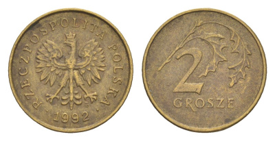Польша 2 гроша 1992 Y 277 марганец латунь 4625-157