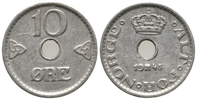 НОРВЕГИЯ 10 ЭРЕ 1945 ХОКОН VII (1905-1957) KM 383 медно-никель 66-146