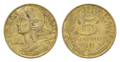 Франция 5 сантимов 1981 тип Morlon KM 933, Le Franc 125.17 алюминиевая бронза 4630-336