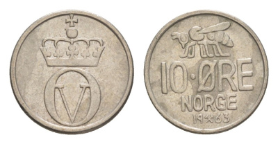 Норвегия 10 эре 1963 Улаф V (1957-1991) KM 411 медно-никель aUNC 4632-1149