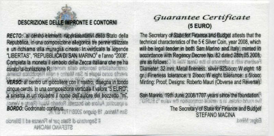 Сан-Марино 5 евро 2008 Олимпиада в Пекине, танец с лентами KM 513 серебро PROOF 4-3-2-05