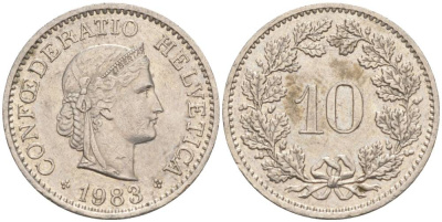 ШВЕЙЦАРИЯ 10 РАППЕНОВ 1983 KM 27 медно-никель 55-523