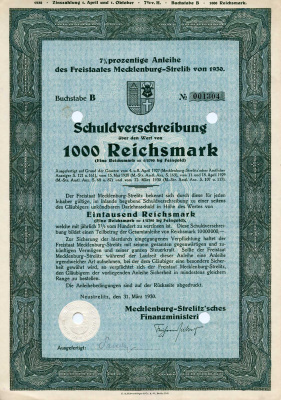 Германия 1000 рейхсмарок 1930 Земля Мекленбург-Стрелиц 7% долговых обязательств, облигация   бумага   8801-112-1