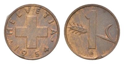 Швейцария 1 раппен 1954 B KM 46 бронза 4611-568