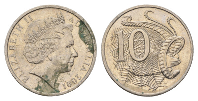 Австралия 10 центов 2001 Елизавета II (1952-2022), птица лирахвост KM 402 медно-никель 190-742