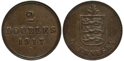 Гернси 2 дабла (дубля) 1917 H, самый редкий год, тираж 15000 экземпляроа KM 12 бронза 650-631