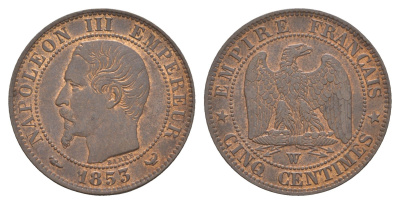 Франция 5 сантимов 1853 W, Наполеон III (1852-1870) KM 777.7, Le Franc 2014 116/7 бронза aUNC 443-1444