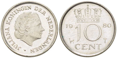 Нидерланды 10 центов 1980 Юлиана (1949-1980) KM 182 никель 211-1255