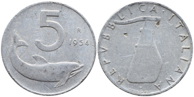 ИТАЛИЯ 5 ЛИР 1954 R, РУЛЬ, ДЕЛЬФИН KM 92 алюминий 4391-1143