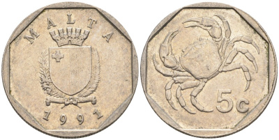 Мальта 5 центов 1991 краб KM 95 медно-никель 4588-112
