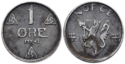 НОРВЕГИЯ 1 ЭРЕ 1942 ХОКОН VII (1905-1957) KM 387 железо 211-812