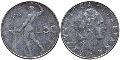 ИТАЛИЯ 50 ЛИР 1979 R, КУЗНЕЦ KM 95.1 сталь 4395-533