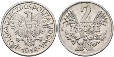 Польша 2 злотых 1958 MW KM 46, Parchimowicz 216a алюминий 4591-1015