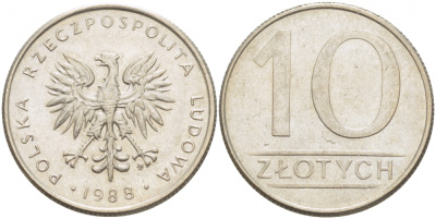 ПОЛЬША 10 ЗЛОТЫХ 1988 MW KM 152.1 медно-никель 4519-1015