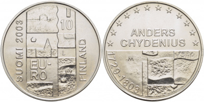 Финляндия 10 евро 2003 200 лет со дня смерти Андерса Чудениуса KM 110 серебро UNC 11-149-12