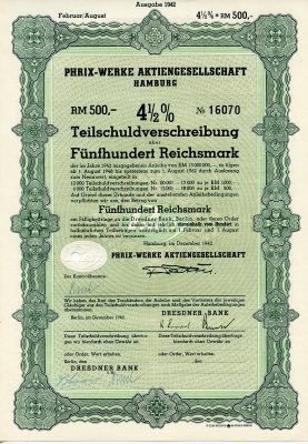 Германия 500 рейхсмарок 1942 АО Phrix-Werke, Гамбург, 4 1/2% облигация   бумага   8804-99-1