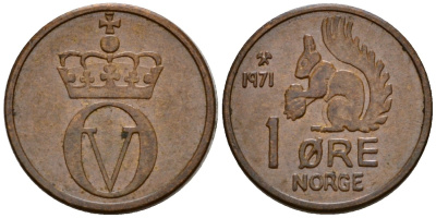Норвегия 1 эре 1971 Улаф V (1958-1991) KM 403 бронза 4602-252