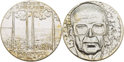 Финляндия 10 марок 1975 S-H, 75 лет президенту Урхо Кекконену KM 54 серебро UNC 1515-1533