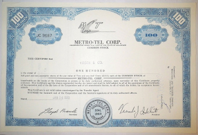 США, METRO-TEL CORP. 100 акций 1970 бумага 8805-66-1