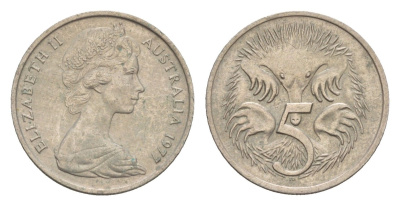 Австралия 5 центов 1977 Елизавета II (1952-2022) молодой портрет, ехидна KM 64 медно-никель 4655-1263