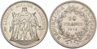 Франция 10 франков 1973 Геракл с богинями равенства и братства KM 932 серебро UNC 107-632