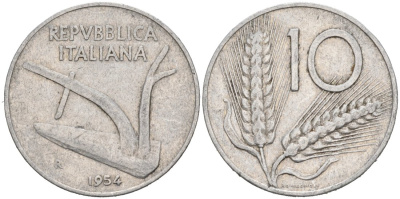 Италия 10 лир 1954 R, плуг, колосья KM 93 алюминий 4571-515