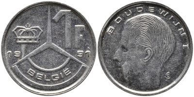 БЕЛЬГИЯ 1 ФРАНК 1991 BELGIE KM 171 сталь плакированная никелем 99-1245