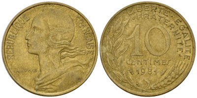 Франция 10 сантимов 1981 тип Marianne KM 929 алюминиевая бронза 4391-244