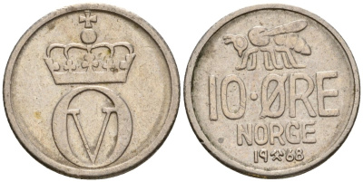 Норвегия 10 эре 1968 пчела, Улаф V (1958-1991) KM 411 медно-никель 4602-254