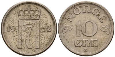 Норвегия 10 эре 1952 Хокон VII (1905-1957) KM 396 медно-никель 4189-749