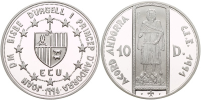 Андорра 10 динеров 1994 таможенный союз ECU, король Арагона и Валенсии, граф Барселоны Педро III KM 99 серебро PROOF 1088-9-21