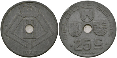 Бельгия 25 сантимов 1943 KM 131 цинк 4165-323