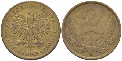 ПОЛЬША 2 ЗЛОТЫХ 1983 MW KM 80.1 латунь 4548-522