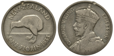 Новая Зеландия 1 флорин 1933 Георг V (1910-1936), птичка киви KM 4 серебро 272-1214