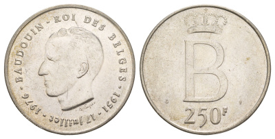 Бельгия 250 франков 1976 25 лет правлению Короля Бодуэна I, DES BELGES KM 157 серебро UNC 1519-844