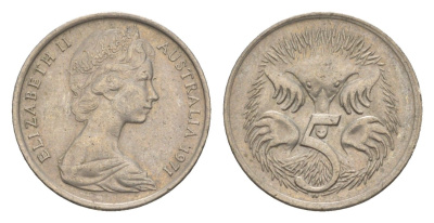 Австралия 5 центов 1971 Елизавета II (1952-2022) молодой портрет, ехидна KM 64 медно-никель 4151-1037