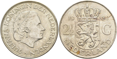 Нидерланды 2 1/2 гульдена 1964 Юлиана (1948-1980) KM 185 серебро 4131-1046