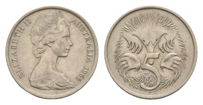 Австралия 5 центов 1966 Елизавета II (1952-2022) молодой портрет, ехидна KM 64 медно-никель 4151-158